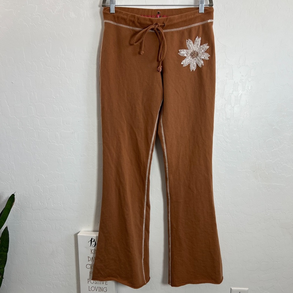 Twisted Heart Y2K wide leg sweat pants L bead embroidered brown lounge cozy gym